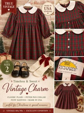 Vintage 90s Toddler Holiday Dress Plaid Peter Pan Collar Red Green Size 2